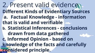 2. Present valid evidence
Different Kinds of Evidentiary Sources
a. Factual Knowledge - information
that is valid and verifiable
b. Statistical Inferences - conclusions
drawn from data gathered
c. Informed Opinion - based on
knowledge of the facts and carefully
considered principle.
 