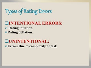 Types of Rating Errors
INTENTIONAL ERRORS:
 Rating inflation.
Rating deflation.
UNINTENTIONAL:
Errors Due to complexity of task
 