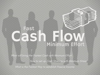 Cash Flow
What will bring the Fastest Cash with Minimum Effort
Fast
Minimum Effort
What is the Fastest Way to establish Passive Income
How to set up Cash Streams with Minimum Stress
 