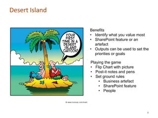 Desert Island

                Benefits
                • Identify what you value most
                • SharePoint feature or an
                  artefact
                • Outputs can be used to set the
                  priorities or goals

                Playing the game
                • Flip Chart with picture
                • Post-it notes and pens
                • Set ground rules
                    • Business artefact
                    • SharePoint feature
                    • People




                                               6
 