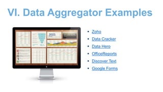 VI. Data Aggregator Examples
 Zoho
 Data Cracker
 Data Hero
 OfficeReports
 Discover Text
 Google Forms
 