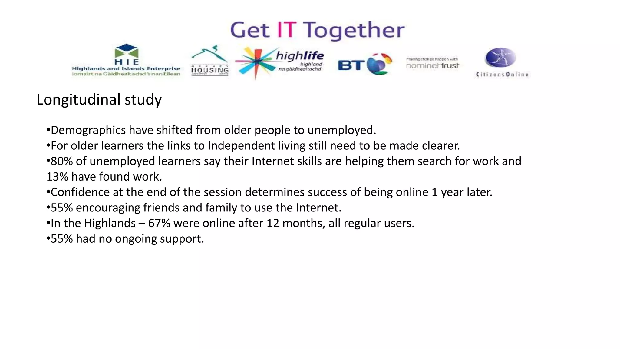 Longitudinal study
•Demographics have shifted from older people to unemployed.
•For older learners the links to Independent living still need to be made clearer.
•80% of unemployed learners say their Internet skills are helping them search for work and
13% have found work.
•Confidence at the end of the session determines success of being online 1 year later.
•55% encouraging friends and family to use the Internet.
•In the Highlands – 67% were online after 12 months, all regular users.
•55% had no ongoing support.
 