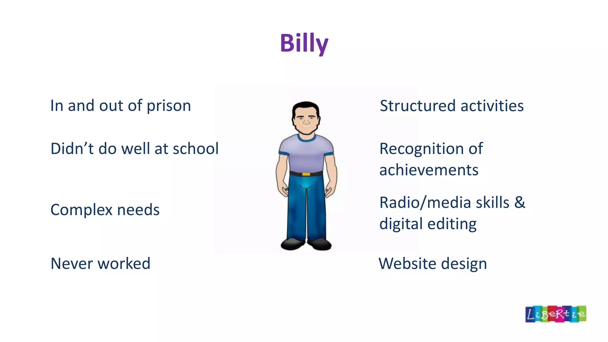 Billy
In and out of prison
Didn’t do well at school
Complex needs
Never worked
Structured activities
Recognition of
achievements
Radio/media skills &
digital editing
Website design
 