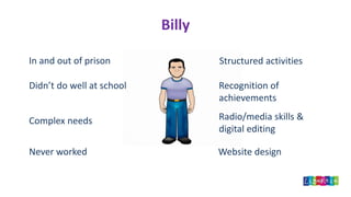 Billy
In and out of prison
Didn’t do well at school
Complex needs
Never worked
Structured activities
Recognition of
achievements
Radio/media skills &
digital editing
Website design
 