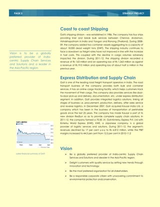 PAGE 2

STRATEGY PROJECT

Coast to coast Shipping
Gati's shipping division - was established in 1986. The company has four ships
providing liner and break bulk services between Chennai, Andaman,
Vishakhapatnam in India and Yangon and Ranong (Thailand). During 200809, the company added two container vessels aggregating to a capacity of
about 18,000 dead weight tons (DWT). The shipping industry continues to

Vision is to be a globally
preferred provider of Indiacentric Supply Chain Services
and Solutions and a leader in
the Asia Pacific region.

face a slowdown as freight rates have not improved in line with the increase
in fuel costs. This coupled with the decline in cargo volumes adversely
impacted the division. During 2011-12, the shipping division recorded a
revenue of Rs 163 million and an operating loss of Rs 1,263 million as against
a revenue of Rs 910 million and operating loss of about half a million in the
previous year.

Express Distribution and Supply Chain
Gati is one of the leading road freight transport operators in India. The road
transport business of the company provides both bulk and container
services. It has an online cargo tracking facility, which helps customers track
the movement of their cargo. The company also provides services like doorto-door pick-up and delivery, documentation, etc. under express distribution
segment. In addition, Gati provides integrated logistics solutions, linking all
stages of business i.e. procurement, production, delivery, after sales service
and reverse logistics. In December 2007, Gati acquired Kausar India Ltd, a
company which has been in the business of transportation of perishable
goods since the last 25 years. The company has made Kausar a part of its
new division RedSun so as to provide complete supply chain solutions. In
2011-12, the company formed a 70:30 JV, Gati-Kintetsu Express Pvt. Ltd with
Kintetsu World Express (KWE). KWE, a Japanese company, is a global
provider of logistic services and solutions. During 2011-12, the segment's
revenues declined by 17 per cent y-o-y to Rs 6,812 million, while the PBIT
margins increased to 44.3 per cent from 12.5 per cent in 2010-11.2

Vision
Latest financial summary of GATI



Be a globally preferred provider of India-centric Supply Chain
Services and Solutions and aleader in the Asia Pacific region.



Delight customers with quality service by setting new trends through
innovation and technology



Be the most preferred organization for all stakeholders.



Be a responsible corporate citizen with unwavering commitment to
environmental protection andconservation.

 
