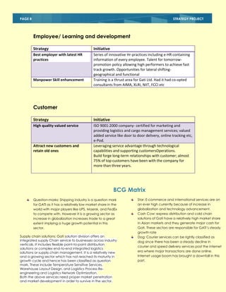 PAGE 8

STRATEGY PROJECT

Employee/ Learning and development
Strategy

Initiative

Best employer with latest HR
practices

Series of innovative Hr-practices including e-HR containing
information of every employee. Talent for tomorrowpromotion policy allowing high performers to achieve fast
track growth. Opportunities for lateral shiftinggeographical and functional
Training is a thrust area for Gati Ltd. Had it had co-opted
consultants from AIMA, XLRI, NIIT, FCCI etc

Manpower Skill enhancement

Customer
Strategy

Initiative

High quality valued service

ISO 9001:2000 company- certified for marketing and
providing logistics and cargo management services; valued
added service like door to door delivery, online tracking etc,
e-Pod.
Leveraging service advantage through technological
capabilities and supporting customersOperations.
Build forge long-term relationships with customer; almost
75% of top customers have been with the company for
more than three years.

Attract new customers and
retain old ones

BCG Matrix
Question-marks: Shipping industry is a question mark
for GATI as it has a relatively low market share in the
world with major players like UPS, Maersk, and FedEx
to compete with. However it is a growing sector as
increase in globalization increases trade to a great
extent implying a huge growth potential in this
sector.
Supply chain solutions: Gati solution division offers an
integrated supply Chain service to businesses across industry
verticals. It includes flexible point-to-point distribution
solutions or complex end-to-end integrated logistics
solutions or supply chain management. It is a relatively new
and a growing sector which has not reached its maturity in
growth cycle and hence has been classified as question
mark. These include Temperature Sensitive Services,
Warehouse Layout Design, and Logistics Process Reengineering and Logistics Network Optimization.
Both the above services need proper market penetration
and market development in order to survive in the sector.

Star: E-commerce and international services are on
an ever high currently because of increase in
globalization and technology advancement.
Cash Cow: express distribution and cold chain
solutions of Gati have a relatively high market share
in Asian markets and they generate major cash for
Gati. These sectors are responsible for GATI‘s steady
growth rate
Dog: Courier services can be rightly classified as
dog since there has been a steady decline in
courier and speed delivery services post the internet
era where major transactions are done online.
Internet usage boom has brought a downfall in this
part.

 