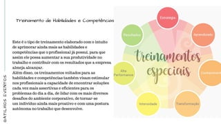 GATILHOSEVENTOS
Treinamento de Habilidades e Competências
Este é o tipo de treinamento elaborado com o intuito
de aprimorar ainda mais as habilidades e
competências que o profissional já possui, para que
assim ele possa aumentar a sua produtividade no
trabalho e contribuir com os resultados que a empresa
almeja alcançar.
Além disso, os treinamentos voltados para as
habilidades e competências também visam estimular
nos profissionais a capacidade de encontrar soluções
cada vez mais assertivas e eficientes para os
problemas do dia a dia, de lidar com os mais diversos
desafios do ambiente corporativo, de tornar-se
um indivíduo ainda mais proativo e com uma postura
autônoma no trabalho que desenvolve.
 
 