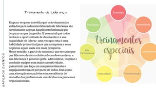 GATILHOSEVENTOS
Treinamento de Liderança
Engana-se quem acredita que os treinamentos
voltados para o desenvolvimento de liderança são
direcionados apenas àqueles profissionais que
ocupam cargos de gestão. É essencial que todos
tenham a oportunidade de desenvolver a sua
capacidade de liderar, uma vez que esta é uma
habilidade primordial para que a empresa e seus
negócios sejam cada vez mais prósperos.
Neste sentido, a partir do momento que se consegue
que líderes e demais colaboradores desenvolvem a
sua liderança é possível gerir, administrar, inspirar e
conduzir equipes com maior assertividade,
garantindo que haja um comprometimento e
engajamento maior por parte de todos, bem como
uma elevação nos padrões e na excelência do
trabalho dos profissionais envolvidos nos processos
organizacionais.
 
