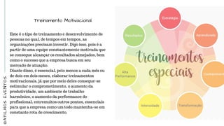 GATILHOSEVENTOS
Treinamento Motivacional
Este é o tipo de treinamento e desenvolvimento de
pessoas no qual, de tempos em tempos, as
organizações precisam investir. Digo isso, pois é a
partir de uma equipe constantemente motivada que
se consegue alcançar os resultados almejados, bem
como o sucesso que a empresa busca em seu
mercado de atuação.
Diante disso, é essencial, pelo menos a cada mês ou
de dois em dois meses, elaborar treinamentos
motivacionais, já que por meio deles consegue-se
estimular o comprometimento, o aumento da
produtividade, um ambiente de trabalho
harmônico, o aumento da performance do
profissional, entremuitos outros pontos, essenciais
para que a empresa como um todo mantenha-se em
constante rota de crescimento.
 
