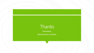 Thanks
Discussion
Relate theory to Ghana
 