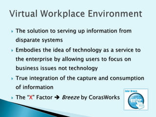 

The solution to serving up information from

disparate systems


Embodies the idea of technology as a service to
the enterprise by allowing users to focus on

business issues not technology


True integration of the capture and consumption
of information



The “X” Factor  Breeze by CorasWorks

 