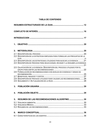 TABLA DE CONTENIDO

RESUMEN ESTRUCTURADO DE LA GUIA........................................................ 12


CONFLICTO DE INTERÉS. .................................................................................. 16


INTRODUCCION .................................................................................................. 17


1.    OBJETIVO ..................................................................................................... 20


2.    METODOLOGIA ............................................................................................ 20
2.1 DESCRIPCIÓN DEL PROCESO .............................................................................. 20
2.2 DESCRIPCIÓN DE LA ESTRATEGIA EMPLEADA PARA FORMULAR LAS PREGUNTAS DE LA
      GUÍA ........................................................................................................................................................20
2.3   DESCRIPCIÓN DE LAS ESTRATEGIAS UTILIZADAS PARA BUSCAR LA EVIDENCIA ......... 21
2.4   DESCRIPCIÓN DE PROCESO PARA SELECCIONAR, REVISAR Y LA RESUMIR LA EVIDENCIA
         ................................................................................................................ 21
2.5 CALIFICACIÓN DE LA EVIDENCIA. DESCRIPCIÓN DEL PROCESO UTILIZADO POR EL
    GRUPO PARA EMITIR LAS RECOMENDACIONES ...................................................... 22
2.6 FORMULACIÓN DE RECOMENDACIONES CON NIVELES DE EVIDENCIA Y GRADO DE
    RECOMENDACIÓN .............................................................................................. 25
2.7 BENEFICIOS, RIESGOS Y COSTOS ........................................................................ 27
2.8 DESCRIPCIÓN DE PROCESO UTILIZADO PARA VALIDAR LAS RECOMENDACIONES....... 28
2.9 SEGUIMIENTO Y ACTUALIZACIÓN DE LA GUÍA ....................................................... 28

3.    POBLACIÓN USUARIA ................................................................................ 29


4.    POBLACIÓN OBJETO .................................................................................. 29


5.    RESUMEN DE LAS RECOMENDACIONES ALGORITMO .......................... 30
5.1 VIGILANCIA AMBIENTAL ...................................................................................... 30
5.2 VIGILANCIA MÉDICA ........................................................................................... 33
5.3 RESUMEN DE LAS RECOMENDACIONES ................................................................ 33

6.    MARCO CONCEPTUAL................................................................................ 36
6.1 CARACTERÍSTICAS DE LOS AGENTES ................................................................... 36


                                                                              10
 