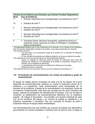 Niveles de la Evidencia para Estudios que Evalúan Pruebas Diagnósticas
Nivel   Tipo de Evidencia
1ª          Revisión sistemática (con homogeneidad1) de estudios de nivel 12

1b            Estudios de nivel 12

2             Revisión sistemática (con homogeneidad1) de estudios de nivel 23
              Estudios de nivel 23

3             Revisión sistemática (con homogeneidad1) de estudios de nivel 34
              Estudios de nivel 34

4             Consenso formal, opiniones de expertos, experiencia clínica sin
              evaluación crítica, opiniones con base en fisiología o investigación
              básica de laboratorio
1
  Homogeneidad significa que no hay variaciones en la dirección ni en el grado de los resultados
entre los estudios individuales incluidos en la revisión, o que estas variaciones son menores.
2
  Son estudios de nivel 1:
         o Los que usaron una comparación ciega de la prueba con un estándar de referencia
             (patrón de oro),
         o En una muestra de pacientes que refleja la población en la que se aplicaría la prueba.
3
  Son estudios de nivel 2 los que solo tienen uno de los siguientes defectos:
         o Usaron un estándar de referencia pobre (la prueba en evaluación formó parte del
             estándar de referencia o los resultados de la prueba en evaluación influyeron en la
             decisión usar el estándar de referencia).
         o La comparación entre la prueba y el estándar de referencia no fue ciega.
         o Estudios de casos y controles.
4
  Son estudios de nivel 3 los que tienen más de uno de los defectos mencionados en 3.


2.6   Formulación de recomendaciones con niveles de evidencia y grado de
      recomendación

El equipo de trabajo técnico encargado de cada una de los tópicos de la guía
desarrolló las recomendaciones, teniendo en cuenta la evaluación previa de la
evidencia y su experiencia. Cada recomendación venía acompañada de un
resumen de la evidencia, el grado de la recomendación y la evaluación crítica de
la evidencia. Posteriormente, este texto era revisado por los otros miembros del
equipo, quienes se encargaron de retroalimentar el proceso. Una vez se logró el
consenso, se establecieron las recomendaciones definitivas con su respectivo
soporte. Se integró el documento, fue sometido a la revisión individual de cada
uno de los miembros del equipo y en reunión de trabajo se debatieron y se
aclararon inquietudes y conceptos. Una vez concluido el proceso se pasó a
evaluación final por el equipo asesor metodológico.

Las recomendaciones han sido emitidas por el grupo de trabajo que desarrolló la
guía teniendo en cuenta la fortaleza o confianza que se tiene en que, al seguir la


                                               25
 