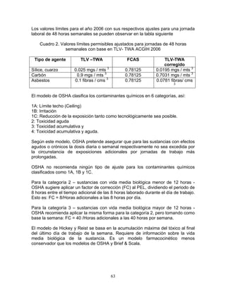 Los valores límites para el año 2006 con sus respectivos ajustes para una jornada
laboral de 48 horas semanales se pueden observar en la tabla siguiente

    Cuadro 2. Valores límites permisibles ajustados para jornadas de 48 horas
                semanales con base en TLV- TWA ACGIH 2006

 Tipo de agente          TLV –TWA                FCAS               TLV-TWA
                                                                    corregido
Sílice, cuarzo        0.025 mgs / mts 3         0.78125         0.0195 mgs / mts 3
Carbón                 0.9 mgs / mts 3          0.78125         0.7031 mgs / mts 3
Asbestos              0.1 fibras / cms 3        0.78125         0.0781 fibras/ cms
                                                                         3



El modelo de OSHA clasifica los contaminantes químicos en 6 categorías, así:

1A: Límite techo (Ceiling)
1B: Irritación
1C: Reducción de la exposición tanto como tecnológicamente sea posible.
2: Toxicidad aguda
3: Toxicidad acumulativa y
4: Toxicidad acumulativa y aguda.

Según este modelo, OSHA pretende asegurar que para las sustancias con efectos
agudos o crónicos la dosis diaria o semanal respectivamente no sea excedida por
la circunstancia de exposiciones adicionales por jornadas de trabajo más
prolongadas.

OSHA no recomienda ningún tipo de ajuste para los contaminantes químicos
clasificados como 1A, 1B y 1C.

Para la categoría 2 – sustancias con vida media biológica menor de 12 horas -
OSHA sugiere aplicar un factor de corrección (FC) al PEL, dividiendo el periodo de
8 horas entre el tiempo adicional de las 8 horas laborado durante el día de trabajo.
Esto es: FC = 8/Horas adicionales a las 8 horas por día.

Para la categoría 3 – sustancias con vida media biológica mayor de 12 horas -
OSHA recomienda aplicar la misma forma para la categoría 2, pero tomando como
base la semana: FC = 40 /Horas adicionales a las 40 horas por semana.

El modelo de Hickey y Reist se basa en la acumulación máxima del tóxico al final
del último día de trabajo de la semana. Requiere de información sobre la vida
media biológica de la sustancia. Es un modelo farmacocinético menos
conservador que los modelos de OSHA y Brief & Scala.




                                           63
 