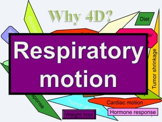 4D Radiotherapy 9
Tumorshrinkage
Tumor spread
Weight loss
Cardiac motion
Hormone response
Diet
Intra-observer
differences
Respiratory motion
 