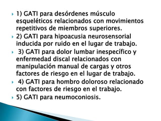    1) GATI para desórdenes músculo
    esqueléticos relacionados con movimientos
    repetitivos de miembros superiores.
   2) GATI para hipoacusia neurosensorial
    inducida por ruido en el lugar de trabajo.
    3) GATI para dolor lumbar inespecífico y
    enfermedad discal relacionados con
    manipulación manual de cargas y otros
    factores de riesgo en el lugar de trabajo.
    4) GATI para hombro doloroso relacionado
    con factores de riesgo en el trabajo.
   5) GATI para neumoconiosis.
 