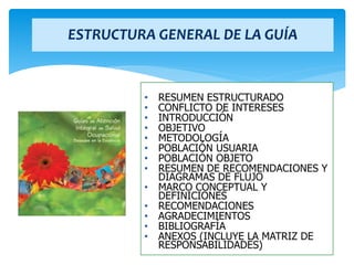 ESTRUCTURA GENERAL DE LA GUÍA
• RESUMEN ESTRUCTURADO
• CONFLICTO DE INTERESES
• INTRODUCCIÓN
• OBJETIVO
• METODOLOGÍA
• POBLACIÓN USUARIA
• POBLACIÓN OBJETO
• RESUMEN DE RECOMENDACIONES Y
DIAGRAMAS DE FLUJO
• MARCO CONCEPTUAL Y
DEFINICIONES
• RECOMENDACIONES
• AGRADECIMIENTOS
• BIBLIOGRAFÍA
• ANEXOS (INCLUYE LA MATRIZ DE
RESPONSABILIDADES)
 