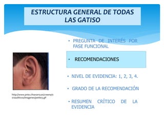 • RECOMENDACIONES
• PREGUNTA DE INTERÉS POR
FASE FUNCIONAL
• NIVEL DE EVIDENCIA: 1, 2, 3, 4.
• GRADO DE LA RECOMENDACIÓN
• RESUMEN CRÍTICO DE LA
EVIDENCIA
http://www.pnte.cfnavarra.es/creena/0
01auditivos/imagenes/petite3.gif
ESTRUCTURA GENERAL DE TODAS
LAS GATISO
 
