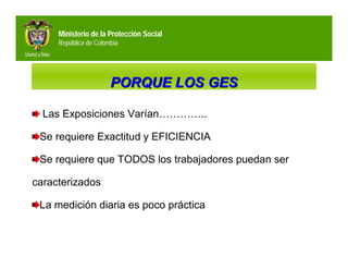 Ministerio de la Protección Social
     República de Colombia




                       PORQUE LOS GES

  Las Exposiciones Varían…………..

 Se requiere Exactitud y EFICIENCIA

 Se requiere que TODOS los trabajadores puedan ser

caracterizados

 La medición diaria es poco práctica
 