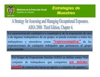 Ministerio de la Protección Social   Estrategias de
       República de Colombia
                                              Muestreo




La caracterización cualitativa o cuantitativa de la exposición de uno
o de algunos trabajadores de un grupo, se puede extender a todos los
trabajadores y entenderse como “representativa” de las
exposiciciones de cualquier trabajador que pertenezca al grupo
seleccionado.

   Un Grupo de Exposición Similar (GES) se define como “Un
   conjunto de trabajadores que comparten           un mismo
   perfil de exposición hacia un agente o conjunto de agentes”.
 