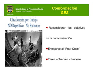 Ministerio de la Protección Social       Conformación
República de Colombia
                                             GES


                                       Reconsiderar los objetivos


                                     de la caracterización.


                                      Enfocarse al “Peor Caso”


                                      Tarea – Trabajo - Proceso
 