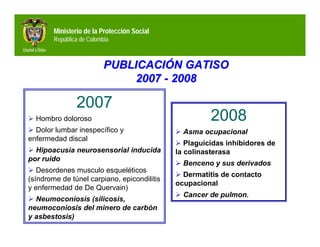 Ministerio de la Protección Social
        República de Colombia



                           PUBLICACIÓN GATISO
                               2007 - 2008

                2007
 Hombro doloroso                                     2008
 Dolor lumbar inespecífico y                 Asma ocupacional
enfermedad discal
                                              Plaguicidas inhibidores de
 Hipoacusia neurosensorial inducida         la colinasterasa
por ruido
                                              Benceno y sus derivados
 Desordenes musculo esqueléticos
                                              Dermatitis de contacto
(síndrome de túnel carpiano, epicondilitis
                                             ocupacional
y enfermedad de De Quervain)
                                              Cancer de pulmon.
 Neumoconiosis (silicosis,
neumoconiosis del minero de carbón
y asbestosis)
 