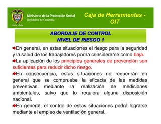 Ministerio de la Protección Social   Caja de Herramientas -
      República de Colombia
                                                    OIT

                       ABORDAJE DE CONTROL
                         NIVEL DE RIESGO 1
  En general, en estas situaciones el riesgo para la seguridad
y la salud de los trabajadores podrá considerarse como baja.
  La aplicación de los principios generales de prevención son
suficientes para reducir dicho riesgo.
  En consecuencia, estas situaciones no requerirán en
general que se compruebe la eficacia de las medidas
preventivas mediante la realización de mediciones
ambientales, salvo que lo requiera alguna disposición
nacional.
  En general, el control de estas situaciones podrá lograrse
mediante el empleo de ventilación general.
 