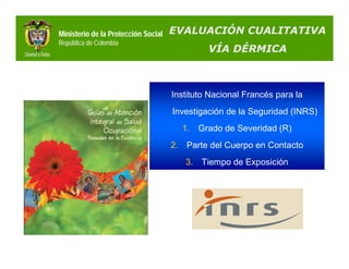 Ministerio de la Protección Social   EVALUACIÓN CUALITATIVA
República de Colombia
                                              VÍA DÉRMICA



                                     Instituto Nacional Francés para la
                                     Investigación de la Seguridad (INRS)
                                       1. Grado de Severidad (R)
                                     2. Parte del Cuerpo en Contacto
                                        3. Tiempo de Exposición
 
