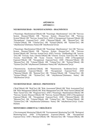 160
APÉNDICES
APÉNDICE 1
NEUROTOXICIDAD – MANIFESTACIONES – DIAGNÓSTICO
("Neurologic Manifestations"[Mesh] OR "Neurologic Manifestations" [tw] OR "Nervous
System Diseases"[Mesh] OR "Nervous System Diseases"[tw] OR "Nervous
System"[Mesh] OR "Nervous System"[tw]) AND (("Occupational Exposure"[Mesh] OR
"Occupational Exposure"[tw]) AND ("Benzene"[Mesh] OR "Benzene"[tw] OR
"Toluene"[Mesh] OR "Toluene"[tw] OR "Xylenes"[Mesh] OR "Xylenes"[tw] OR
"ethylbenzene"[Substance Name] OR "ethylbenzene"[tw]))
("Neurologic Manifestations"[Mesh] OR "Neurologic Manifestations" [tw] OR "Nervous
System Diseases"[Mesh] OR "Nervous System Diseases"[tw] OR "Nervous
System"[Mesh] OR "Nervous System"[tw]) AND ("toxicity "[Subheading] OR "toxicity
"[tw] OR "Toxicity Tests, Chronic"[Mesh] OR "Chronic Toxicity Tests"[tw] OR "Acute
Toxicity Tests"[Mesh] OR "Acute Toxicity Tests"[tw]) AND (("Occupational
Exposure"[Mesh] OR "Occupational Exposure"[tw]) AND ("Benzene"[Mesh] OR
"Benzene"[tw] OR "Toluene"[Mesh] OR "Toluene"[tw] OR "Xylenes"[Mesh] OR
"Xylenes"[tw] OR "ethylbenzene"[Substance Name] OR "ethylbenzene"[tw]))
("Neurotoxicity Syndromes"[Mesh] OR "Neurotoxicity Syndromes"[tw]) AND
(("Occupational Exposure"[Mesh] OR "Occupational Exposure"[tw]) AND
("Benzene"[Mesh] OR "Benzene"[tw] OR "Toluene"[Mesh] OR "Toluene"[tw] OR
"Xylenes"[Mesh] OR "Xylenes"[tw] OR "ethylbenzene"[Substance Name] OR
"ethylbenzene"[tw]))
NEUROTOXICIDAD – RIESGO - PRONOSTICO
("Risk"[Mesh] OR "Risk"[tw] OR "Risk Assessment"[Mesh] OR "Risk Assessment"[tw]
OR "Risk Management"[Mesh] OR "Risk Management"[tw] OR "Risk Factors"[Mesh] OR
"Risk Factors"[tw] OR "Prognosis"[tw]) AND ("Neurologic Manifestations"[Mesh] OR
"Nervous System Diseases"[Mesh] OR "Nervous System"[Mesh]) AND (("Occupational
Exposure"[Mesh] OR "Occupational Exposure"[tw]) AND ("Benzene"[Mesh] OR
"Benzene"[tw] OR "Toluene"[Mesh] OR "Toluene"[tw] OR "Xylenes"[Mesh] OR
"Xylenes"[tw] OR "ethylbenzene"[Substance Name] OR "ethylbenzene"[tw])) Limits:
Humans
MONITOREO AMBIENTAL Y BIOLÓGICO
("Environmental Monitoring"[Mesh] OR "Environmental Monitoring"[tw] OR "Biological
Monitoring"[tw]) AND (("Occupational Exposure"[Mesh] OR "Occupational
Exposure"[tw]) AND ("Benzene"[Mesh] OR "Benzene"[tw] OR "Toluene"[Mesh] OR
 