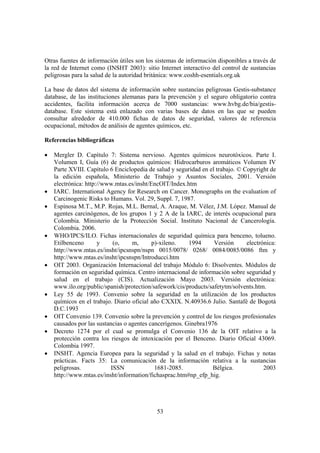53
Otras fuentes de información útiles son los sistemas de información disponibles a través de
la red de Internet como (INSHT 2003): sitio Internet interactivo del control de sustancias
peligrosas para la salud de la autoridad británica: www.coshh-esentials.org.uk
La base de datos del sistema de información sobre sustancias peligrosas Gestis-substance
database, de las instituciones alemanas para la prevención y el seguro obligatorio contra
accidentes, facilita información acerca de 7000 sustancias: www.hvbg.de/bia/gestis-
database. Este sistema está enlazado con varias bases de datos en las que se pueden
consultar alrededor de 410.000 fichas de datos de seguridad, valores de referencia
ocupacional, métodos de análisis de agentes químicos, etc.
Referencias bibliográficas
• Mergler D. Capítulo 7: Sistema nervioso. Agentes químicos neurotóxicos. Parte I.
Volumen I, Guía (6) de productos químicos: Hidrocarburos aromáticos Volumen IV
Parte XVIII. Capítulo 6 Enciclopedia de salud y seguridad en el trabajo. © Copyright de
la edición española, Ministerio de Trabajo y Asuntos Sociales, 2001. Versión
electrónica: http://www.mtas.es/insht/EncOIT/Index.htm
• IARC. International Agency for Research on Cancer. Monographs on the evaluation of
Carcinogenic Risks to Humans. Vol. 29, Suppl. 7, 1987.
• Espinosa M.T., M.P. Rojas, M.L. Bernal, A. Araque, M. Vélez, J.M. López. Manual de
agentes carcinógenos, de los grupos 1 y 2 A de la IARC, de interés ocupacional para
Colombia. Ministerio de la Protección Social. Instituto Nacional de Cancerología.
Colombia. 2006.
• WHO/IPCS/ILO. Fichas internacionales de seguridad química para benceno, tolueno.
Etilbenceno y (o, m, p)-xileno. 1994 Versión electrónica:
http://www.mtas.es/insht/ipcsnspn/nspn 0015/0078/ 0268/ 0084/0085/0086 ftm y
http://www.mtas.es/insht/ipcsnspn/Introducci.htm
• OIT 2003. Organización Internacional del trabajo Módulo 6: Disolventes. Módulos de
formación en seguridad química. Centro internacional de información sobre seguridad y
salud en el trabajo (CIS). Actualización Mayo 2003. Versión electrónica:
www.ilo.org/public/spanish/protection/safework/cis/products/safetytm/solvents.htm.
• Ley 55 de 1993. Convenio sobre la seguridad en la utilización de los productos
químicos en el trabajo. Diario oficial año CXXIX. N.40936.6 Julio. Santafé de Bogotá
D.C.1993
• OIT Convenio 139. Convenio sobre la prevención y control de los riesgos profesionales
causados por las sustancias o agentes cancerígenos. Ginebra1976
• Decreto 1274 por el cual se promulga el Convenio 136 de la OIT relativo a la
protección contra los riesgos de intoxicación por el Benceno. Diario Oficial 43069.
Colombia 1997.
• INSHT. Agencia Europea para la seguridad y la salud en el trabajo. Fichas y notas
prácticas. Facts 35: La comunicación de la información relativa a la sustancias
peligrosas. ISSN 1681-2085. Bélgica. 2003
http://www.mtas.es/insht/information/fichasprac.htm#np_efp_hig.
 
