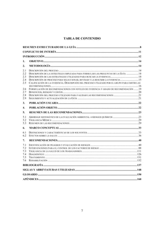 7
TABLA DE CONTENIDO
RESUMEN ESTRUCTURADO DE LA GUÍA ..............................................................................................8 
CONFLICTO DE INTERÉS..........................................................................................................................11 
INTRODUCCIÓN...........................................................................................................................................12 
1.  OBJETIVO.............................................................................................................................................14 
2.  METODOLOGÍA..................................................................................................................................14 
2.1  DESCRIPCIÓN DEL PROCESO ......................................................................................................................14 
2.2  DESCRIPCIÓN DE LA ESTRATEGIA EMPLEADA PARA FORMULAR LAS PREGUNTAS DE LA GUÍA ..................14 
2.3  DESCRIPCIÓN DE LAS ESTRATEGIAS UTILIZADAS PARA BUSCAR LA EVIDENCIA.........................................14 
2.4  DESCRIPCIÓN DE PROCESO PARA SELECCIONAR, REVISAR Y LA RESUMIR LA EVIDENCIA...........................15 
2.5  CALIFICACIÓN DE LA EVIDENCIA. DESCRIPCIÓN DEL PROCESO UTILIZADO POR EL GRUPO PARA EMITIR LAS
RECOMENDACIONES..................................................................................................................................16 
2.6  FORMULACIÓN DE RECOMENDACIONES CON NIVELES DE EVIDENCIA Y GRADO DE RECOMENDACIÓN .......19 
2.7  BENEFICIOS, RIESGOS Y COSTOS................................................................................................................20 
2.8  DESCRIPCIÓN DEL PROCESO UTILIZADO PARA VALIDAR LAS RECOMENDACIONES.....................................21 
2.9  SEGUIMIENTO Y ACTUALIZACIÓN DE LA GUÍA ..........................................................................................21 
3.  POBLACIÓN USUARIA ......................................................................................................................22 
4.  POBLACIÓN OBJETO ........................................................................................................................22 
5.  RESUMEN DE LAS RECOMENDACIONES....................................................................................23 
5.1  ABORDAJE SISTEMÁTICO DE LA EVALUACIÓN AMBIENTAL A RIESGOS QUÍMICOS ......................................23 
5.2  VIGILANCIA MÉDICA ................................................................................................................................29 
5.3  RESUMEN DE LAS RECOMENDACIONES......................................................................................................29 
6.  MARCO CONCEPTUAL.....................................................................................................................33 
6.1  DEFINICIONES Y CARACTERÍSTICAS DE LOS SOLVENTES............................................................................33 
6.2  EFECTOS SOBRE LA SALUD ........................................................................................................................36 
7.  RECOMENDACIONES........................................................................................................................40 
7.1  IDENTIFICACIÓN DE PELIGROS Y EVALUACIÓN DE RIESGOS .......................................................................40 
7.2  INTERVENCIONES PARA EL CONTROL DE LOS FACTORES DE RIESGO ..........................................................88 
7.3  VIGILANCIA DE LA SALUD DE LOS TRABAJADORES..................................................................................111 
7.4  DIAGNÓSTICO .........................................................................................................................................126 
7.5  TRATAMIENTO ........................................................................................................................................131 
7.6  REHABILITACIÓN ....................................................................................................................................132 
BIBLIOGRAFÍA...........................................................................................................................................137 
SIGLAS Y ABREVIATURAS UTILIZADAS............................................................................................148 
GLOSARIO ...................................................................................................................................................150 
APÉNDICES..................................................................................................................................................160 
 