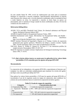 82
En otro estudio Ikeda M. 1995, revisó las implicaciones que tiene para el monitoreo
biológico la exposición a mezclas complejas, específicamente determinando la relación
entre benceno solo, tolueno solo, y los dos anteriores combinados sobre la cantidad de fenol
y ácido hipúrico en orina. La exposición a mezclas en dosis bajas no parece ser
preocupante, pero si aumenta el riesgo cuando las dosis combinadas son altas. El nivel de
evidencia de este estudio es 2.
Referencias bibliográficas
ACGIH. TLVs and BEIs Threshold Limit Values, for chemical substances and Physical
Agents. Biological Exposure Indices.2007.
ACGIH (Compiler) Guide to Occupational Exposure Values. 2005.
GESTIS International Limit Values. BG-Institute for Occupational Safety and Health –
BGIA. 2007. Versión electrónica:
http://www.hvbg.de/e/bia/gestis/limit_values/index.html.
INSHT Instituto Nacional de Seguridad e Higiene en el Trabajo. Límites de exposición
profesional para agentes químicos. Ministerio de trabajo y asuntos sociales. España
2007. Versión electrónica. http://www.mtas.es/insht/practice/vlas.htm.
Pohl H.R., Roney N., Wilbur S., Hansen H., De Rosa C.T. Six interaction profiles for
simple mixtures Chemosphere 2003; 53:183–197.
Ikeda M. Exposure to complex mixture: Implications for biological monitoring Toxicology
letters 1995; 77: 85-91.
7.1.9 ¿Qué criterios deben tenerse en cuenta para la aplicación de los valores límite
permisibles (VLP) conocidos para los agentes del grupo BTX-EB?
Recomendación
La exposición de los trabajadores a los agentes BTX-EB y especialmente al benceno, por
cualquier vía, debe ser controlada cuidadosamente para mantener los niveles del agente
tan bajos como sea posible por debajo del VLP.
Para aplicar los valores límite permisibles o VLP para los agentes del grupo BTX-EB, se
recomienda el uso de la siguiente escala de rangos de exposición, para establecer los
criterios de acción tendientes hacia el control de la exposición de dichos agentes:
Tabla 21. Escala de rangos de exposición
Categoría Concentración observada
4: Exposición Muy Alta > Límite de exposición ocupacional
3: Exposición Moderada o
Alta
50% - 100% del Límite de exposición ocupacional
2: Exposición baja 10% - 50% del Límite de exposición ocupacional
1: No exposición < 10% del Límite de exposición ocupacional
 