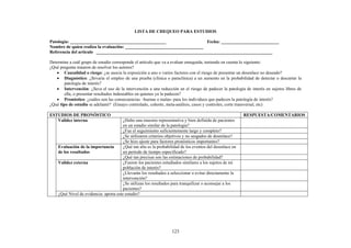 123
LISTA DE CHEQUEO PARA ESTUDIOS
Patología: ___________________________________________ Fecha: __________________________
Nombre de quien realiza la evaluación: ___________________________________
Referencia del artículo _______________________________________________________________________________
Determine a cuál grupo de estudio corresponde el artículo que va a evaluar enseguida, teniendo en cuenta lo siguiente:
¿Qué pregunta trataron de resolver los autores?
• Causalidad o riesgo: ¿se asocia la exposición a uno o varios factores con el riesgo de presentar un desenlace no deseado?
• Diagnóstico: ¿llevaría el empleo de una prueba (clínica o paraclínica) a un aumento en la probabilidad de detectar o descartar la
patología de interés?
• Intervención: ¿lleva el uso de la intervención a una reducción en el riesgo de padecer la patología de interés en sujetos libres de
ella, o presentar resultados indeseables en quienes ya la padecen?
• Pronóstico: ¿cuáles son las consecuencias –buenas o malas- para los individuos que padecen la patología de interés?
¿Qué tipo de estudio se adelantó? (Ensayo controlado, cohorte, meta-análisis, casos y controles, corte transversal, etc)
ESTUDIOS DE PRONÓSTICO RESPUESTA/COMENTARIOS
¿Hubo una muestra representativa y bien definida de pacientes
en un estadio similar de la patología?
¿Fue el seguimiento suficientemente largo y completo?
¿Se utilizaron criterios objetivos y no sesgados de desenlace?
Validez interna
¿Se hizo ajuste para factores pronósticos importantes?
¿Qué tan alta es la probabilidad de los eventos del desenlace en
un período de tiempo especificado?
Evaluación de la importancia
de los resultados
¿Qué tan precisas son las estimaciones de probabilidad?
¿Fueron los pacientes estudiados similares a los sujetos de mi
población de interés?
¿Llevarán los resultados a seleccionar o evitar directamente la
intervención?
Validez externa
¿Se utilizan los resultados para tranquilizar o aconsejar a los
pacientes?
¿Qué Nivel de evidencia: aporta este estudio?
 