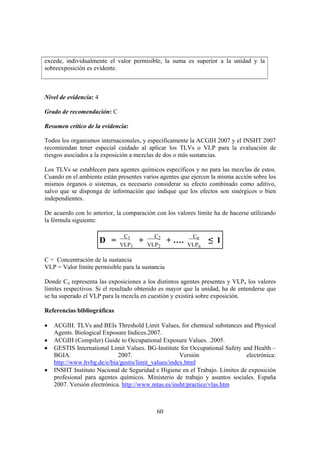 60
excede, individualmente el valor permisible, la suma es superior a la unidad y la
sobreexposición es evidente.
Nivel de evidencia: 4
Grado de recomendación: C
Resumen crítico de la evidencia:
Todos los organismos internacionales, y específicamente la ACGIH 2007 y el INSHT 2007
recomiendan tener especial cuidado al aplicar los TLVs o VLP para la evaluación de
riesgos asociados a la exposición a mezclas de dos o más sustancias.
Los TLVs se establecen para agentes químicos específicos y no para las mezclas de estos.
Cuando en el ambiente están presentes varios agentes que ejercen la misma acción sobre los
mismos órganos o sistemas, es necesario considerar su efecto combinado como aditivo,
salvo que se disponga de información que indique que los efectos son sinérgicos o bien
independientes.
De acuerdo con lo anterior, la comparación con los valores límite ha de hacerse utilizando
la fórmula siguiente:
D =
C1
VLP1
+
C2
VLP2
+ ….
Cn
VLPn
≤ 1
C = Concentración de la sustancia
VLP = Valor límite permisible para la sustancia
Donde Cn representa las exposiciones a los distintos agentes presentes y VLPn los valores
límites respectivos. Si el resultado obtenido es mayor que la unidad, ha de entenderse que
se ha superado el VLP para la mezcla en cuestión y existirá sobre exposición.
Referencias bibliográficas
• ACGIH. TLVs and BEIs Threshold Limit Values, for chemical substances and Physical
Agents. Biological Exposure Indices.2007.
• ACGIH (Compiler) Guide to Occupational Exposure Values. .2005.
• GESTIS International Limit Values. BG-Institute for Occupational Safety and Health –
BGIA. 2007. Versión electrónica:
http://www.hvbg.de/e/bia/gestis/limit_values/index.html
• INSHT Instituto Nacional de Seguridad e Higiene en el Trabajo. Límites de exposición
profesional para agentes químicos. Ministerio de trabajo y asuntos sociales. España
2007. Versión electrónica. http://www.mtas.es/insht/practice/vlas.htm
 