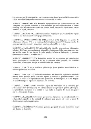 espontáneamente. Son substancias ricas en oxígeno que tienen la propiedad de mantener o
avivar la combustión y por lo tanto mantienen o atizan los incendios.

SUSTANCIA CORROSIVA, (C): Sustancias o preparaciones que al entrar en contacto con
los tejidos vivos pueden destruirlos. Ciertas sustancias que no son corrosivas en su estado
natural y seco pueden volverse corrosivas cuando entran en contacto con el aire o con la
humedad de la piel y mucosas.

SUSTANCIA EXPLOSIVA, (E): Es una sustancia o preparación que puede explotar bajo el
efecto de una llama o cuando sufre golpes o fricciones.

SUSTANCIA EXTREMADAMENTE INFLAMABLE, (+F): Líquidos con punto de
inflamación inferior a 0 °C. y un punto de ebullición de máximo 35° C. Gases y mezclas de
gases que a presión normal y temperatura usual son inflamables en el aire.

SUSTANCIA FÁCILMENTE INFLAMABLE, (F): Líquidos con punto de inflamación
inferior a 21°C pero no son altamente inflamables. Sustancias sólidas y preparaciones que
por acción breve de una fuente de calor pueden inflamarse fácilmente y continuar
quemando o permanecer incandescentes.

SUSTANCIA IRRITANTE, (Xi): Sustancia o preparación no corrosiva, que por contacto
breve, prolongado o repetido con la piel o mucosas puede provocar una reacción
inflamatoria de los tejidos. Peligro de sensibilización por contacto.

SUSTANCIA MUTÁGENA: Sustancia química que puede producir alteraciones en el
material genético de las células.

SUSTANCIA NOCIVA (Xn): Aquella que absorbida por inhalación, ingestión o absorción
cutánea puede producir daños a la salud agudos o crónicos de gravedad limitada. Una
sustancia es nociva si es capaz de ocasionar quemaduras de primer grado en la piel después
de un corto tiempo de exposición o contacto con la misma.

SUSTANCIA PERSISTENTE: Sustancia capaz de permanecer en el ambiente por
periodos de tiempo prolongados y por ser resistentes a la degradación química y biológica.
Se consideran persistentes si su tiempo de vida media es mayor a dos meses en agua y
mayor a 6 meses en el suelo.

SUSTANCIA RADIACTIVA: Sustancia que contiene elementos o es un radionúclido. Su
peligrosidad depende de la cantidad de radiación que genere así como la clase de
desintegración nuclear que presenta.


SUSTANCIA TERATÓGENA: Sustancia química que puede producir alteraciones en el
feto durante su desarrollo.



                                           121
 