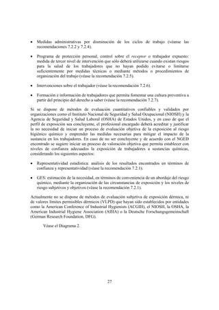 •   Medidas administrativas por disminución de los ciclos de trabajo (véanse las
    recomendaciones 7.2.2 y 7.2.4).

•   Programa de protección personal, control sobre el receptor o trabajador expuesto:
    medida de tercer nivel de intervención que sólo deberá utilizarse cuando existan riesgos
    para la salud de los trabajadores que no hayan podido evitarse o limitarse
    suficientemente por medidas técnicas o mediante métodos o procedimientos de
    organización del trabajo (véase la recomendación 7.2.5).

•   Intervenciones sobre el trabajador (véase la recomendación 7.2.6).

•   Formación e información de trabajadores que permita fomentar una cultura preventiva a
    partir del principio del derecho a saber (véase la recomendación 7.2.7).

Si se dispone de métodos de evaluación cuantitativos confiables y validados por
organizaciones como el Instituto Nacional de Seguridad y Salud Ocupacional (NIOSH) y la
Agencia de Seguridad y Salud Laboral (OSHA) de Estados Unidos, y en caso de que el
perfil de exposición sea concluyente, el profesional encargado deberá acreditar y justificar
la no necesidad de iniciar un proceso de evaluación objetiva de la exposición al riesgo
higiénico químico y emprender las medidas necesarias para mitigar el impacto de la
sustancia en los trabajadores. En caso de no ser concluyente y de acuerdo con el NGED
encontrado se sugiere iniciar un proceso de valoración objetiva que permita establecer con
niveles de confianza adecuados la exposición de trabajadores a sustancias químicas,
considerando los siguientes aspectos:

•   Representatividad estadística: análisis de los resultados encontrados en términos de
    confianza y representatividad (véase la recomendación 7.2.1).

•   GES: estimación de la necesidad, en términos de conveniencia de un abordaje del riesgo
    químico, mediante la organización de las circunstancias de exposición y los niveles de
    riesgo subjetivos y objetivos (véase la recomendación 7.2.1).

Actualmente no se dispone de métodos de evaluación subjetiva de exposición dérmica, ni
de valores límites permisibles dérmicos (VLPD) que hayan sido establecidos por entidades
como la American Conference of Industrial Hygienists (ACGIH), el NIOSH, la OSHA, la
American Industrial Hygiene Association (AIHA) o la Deutsche Forschungsgemeinschaft
(German Research Foundation, DFG).

       Véase el Diagrama 2.




                                            27
 