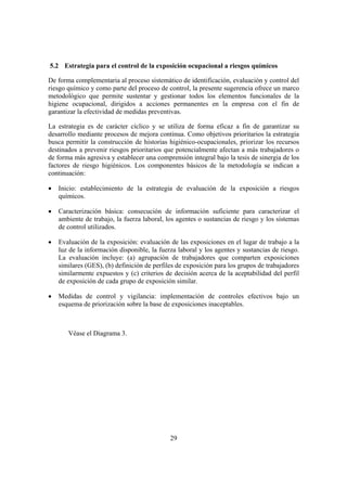 5.2 Estrategia para el control de la exposición ocupacional a riesgos químicos

De forma complementaria al proceso sistemático de identificación, evaluación y control del
riesgo químico y como parte del proceso de control, la presente sugerencia ofrece un marco
metodológico que permite sustentar y gestionar todos los elementos funcionales de la
higiene ocupacional, dirigidos a acciones permanentes en la empresa con el fin de
garantizar la efectividad de medidas preventivas.

La estrategia es de carácter cíclico y se utiliza de forma eficaz a fin de garantizar su
desarrollo mediante procesos de mejora continua. Como objetivos prioritarios la estrategia
busca permitir la construcción de historias higiénico-ocupacionales, priorizar los recursos
destinados a prevenir riesgos prioritarios que potencialmente afectan a más trabajadores o
de forma más agresiva y establecer una comprensión integral bajo la tesis de sinergia de los
factores de riesgo higiénicos. Los componentes básicos de la metodología se indican a
continuación:

•   Inicio: establecimiento de la estrategia de evaluación de la exposición a riesgos
    químicos.

•   Caracterización básica: consecución de información suficiente para caracterizar el
    ambiente de trabajo, la fuerza laboral, los agentes o sustancias de riesgo y los sistemas
    de control utilizados.

•   Evaluación de la exposición: evaluación de las exposiciones en el lugar de trabajo a la
    luz de la información disponible, la fuerza laboral y los agentes y sustancias de riesgo.
    La evaluación incluye: (a) agrupación de trabajadores que comparten exposiciones
    similares (GES), (b) definición de perfiles de exposición para los grupos de trabajadores
    similarmente expuestos y (c) criterios de decisión acerca de la aceptabilidad del perfil
    de exposición de cada grupo de exposición similar.

•   Medidas de control y vigilancia: implementación de controles efectivos bajo un
    esquema de priorización sobre la base de exposiciones inaceptables.



       Véase el Diagrama 3.




                                             29
 