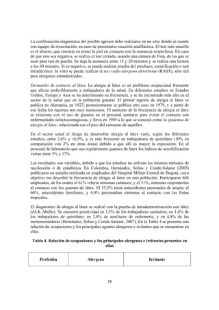 La confirmación diagnóstica del posible agresor debe realizarse en un sitio donde se cuente
con equipo de resucitación, en caso de presentarse reacción anafiláctica. El test más sencillo
es el abierto, que consiste en poner la piel en contacto con la sustancia sospechosa. En caso
de que este sea negativo, se realiza el test cerrado, usando una cámara de Finn, de las que se
usan para test de parche. Se deja la sustancia entre 15 y 20 minutos y se realiza una lectura
a los 60 minutos. Si es negativo, se puede realizar prueba del pinchazo, escarificación o test
intradérmico. In vitro se puede realizar el test radio alergeno absorbente (RAST), sólo útil
para alergenos estandarizados.

Dermatitis de contacto al látex. La alergia al látex es un problema ocupacional frecuente
que afecta preferiblemente a trabajadores de la salud. En diferentes estudios en Estados
Unidos, Europa y Asia se ha determinado su frecuencia, y se ha encontrado más alta en el
sector de la salud que en la población general. El primer reporte de alergia al látex se
publica en Alemania, en 1927; posteriormente se publica otro caso en 1979, y a partir de
esa fecha los reportes son muy numerosos. El aumento de la frecuencia de alergia al látex
se relaciona con el uso de guantes en el personal sanitario para evitar el contacto con
enfermedades infectocontagiosas, y llevó en 1989 a lo que se conoció como la epidemia de
alergia al látex, relacionada con el pico del consumo de aquellos.

En el sector salud el riesgo de desarrollar alergia al látex varía, según los diferentes
estudios, entre 2,6% y 16,9%, y es más frecuente en trabajadores de quirófano (10% en
comparación con 2% en otras áreas) debido a que allí es mayor la exposición. En el
personal de laboratorio que usa regularmente guantes de látex los índices de sensibilización
varían entre 5% y 17%.

Los resultados son variables, debido a que los estudios no utilizan los mismos métodos de
recolección o de estadística. En Colombia, Hernández, Solías y Conde-Salazar (2007)
publicaron un estudio realizado en empleados del Hospital Militar Central de Bogotá, cuyo
objetivo era describir la frecuencia de alergia al látex en esta población. Participaron 808
empleados, de los cuales el 61% refería síntomas cutáneos, y el 31%, síntomas respiratorios
al contacto con los guantes de látex. El 55,5% tenía antecedentes personales de atopia; el
60%, antecedentes familiares, y 4,9% presentaban síntomas al contacto con las frutas
tropicales.

El diagnóstico de alergia al látex se realizó con la prueba de intradermorreacción con látex
(ALK Abello). Se encontró positividad en 1,5% de los trabajadores sanitarios; en 1,6% de
los trabajadores de quirófano; en 2,8% de auxiliares de enfermería, y en 4,8% de las
instrumentadoras (Hernández, Solías y Conde-Salazar, 2007). En la Tabla 4 se presenta una
relación de ocupaciones y los principales agentes alergenos e irritantes que se encuentran en
ellas.

 Tabla 4. Relación de ocupaciones y los principales alergenos e irritantes presentes en
                                         ellas


     Profesión                   Alergeno                             Irritante




                                             38
 