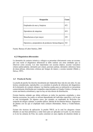 Ocupación                          Casos


              Empleados de aseo y limpieza                             472


              Operadores de máquinas                                   419


              Manufacturas al por mayor                                329


              Operarios y preparadores de productos farmacológicos 322


Fuente: Bureau of Labor Statitics, 2003



 6.2.3 Diagnósticos diferenciales

La dermatitis de contacto irritativa o alérgica se presentan clínicamente como un eccema;
por esta razón el diagnóstico diferencial se debe realizar con otras entidades que se
observen como eccema. Los más importantes son eccema atópico, eccema vesiculoso
crónico palmo-plantar, dermatitis por estasis, psoriasis palmar, dermatitis seborreica fuera
de áreas pilosas, infecciones crónicas por hongos de manos y eccema numular (Marks y
DeLeo, 1997).



6.3 Prueba de Parche

La prueba de parche fue descrita inicialmente por Jadassohn hace más de cien años. Es una
técnica estandarizada, reproducible y se considera la prueba de referencia del diagnóstico
de la dermatitis de contacto alérgica. Las baterías usadas para su realización se encuentran
comercialmente distribuidas por compañías especializadas en Estados Unidos o Europa; no
existe una batería colombiana y aquí no hay un sitio directo de distribución.

Existen baterías estándar que deben utilizarse en todos los pacientes estudiados y otras
baterías accesorias, las cuales se utilizan dependiendo del individuo específico y de lo que
se esté investigando. En algunos casos, por ejemplo, en empleados de florícolas con
sospecha de alergia a plantas, se pueden aplicar, además de las baterías básicas, fragmentos
de plantas con las que el empleado tiene contacto (Hernández, Heras y Conde-Salazar,
2003).

Existen dos técnicas de aplicación: la prueba TRUE, en la cual los alergenos vienen
diluidos en una base polimérica y están listos para ser aplicados en la piel. La otra técnica
es la de las cámaras de Finn, las cuales consisten en unas cúpulas de aluminio donde se


                                             41
 