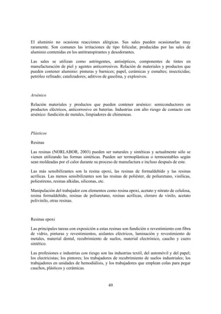 El aluminio no ocasiona reacciones alérgicas. Sus sales pueden ocasionarlas muy
raramente. Son comunes las irritaciones de tipo folicular, producidas por las sales de
aluminio contenidas en los antitranspirantes y desodorantes.

Las sales se utilizan como astringentes, antisépticos, componentes de tintes en
manufacturación de piel y agentes anticorrosivos. Relación de materiales y productos que
pueden contener aluminio: pinturas y barnices; papel, cerámicas y esmaltes; insecticidas;
petróleo refinado; catalizadores; aditivos de gasolina, y explosivos.



Arsénico

Relación materiales y productos que pueden contener arsénico: semiconductores en
productos eléctricos, anticorrosivo en baterías. Industrias con alto riesgo de contacto con
arsénico: fundición de metales, limpiadores de chimeneas.



Plásticos

Resinas

Las resinas (NORLABOR, 2003) pueden ser naturales y sintéticas y actualmente sólo se
vienen utilizando las formas sintéticas. Pueden ser termoplásticas o termoestables según
sean moldeadas por el calor durante su proceso de manufactura e incluso después de este.

Las más sensibilizantes son la resina epoxi, las resinas de formaldehído y las resinas
acrílicas. Las menos sensibilizantes son las resinas de poliéster, de poliuretano, vinílicas,
poliestireno, resinas alkidas, siliconas, etc.

Manipulación del trabajador con elementos como resina epoxi, acetato y nitrato de celulosa,
resina formaldehído, resinas de poliuretano, resinas acrílicas, cloruro de vinilo, acetato
polivinilo, otras resinas.



Resinas epoxi

Las principales tareas con exposición a estas resinas son fundición o revestimiento con fibra
de vidrio, pinturas y revestimientos, aislantes eléctricos, laminación y revestimiento de
metales, material dental, recubrimiento de suelos, material electrónico, caucho y cuero
sintético.

Las profesiones e industrias con riesgo son las industrias textil, del automóvil y del papel;
los electricistas; los pintores; los trabajadores de recubrimiento de suelos industriales; los
trabajadores en unidades de hemodiálisis, y los trabajadores que emplean colas para pegar
cauchos, plásticos y cerámicas.


                                             49
 