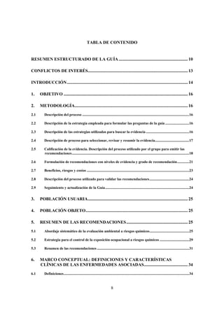 TABLA DE CONTENIDO


RESUMEN ESTRUCTURADO DE LA GUÍA ............................................................... 10

CONFLICTOS DE INTERÉS........................................................................................... 13

INTRODUCCIÓN .............................................................................................................. 14

1.    OBJETIVO ................................................................................................................. 16

2.    METODOLOGÍA....................................................................................................... 16
2.1       Descripción del proceso ....................................................................................................................16

2.2       Descripción de la estrategia empleada para formular las preguntas de la guía ..........................16

2.3       Descripción de las estrategias utilizadas para buscar la evidencia ...............................................16

2.4       Descripción de proceso para seleccionar, revisar y resumir la evidencia.....................................17

2.5       Calificación de la evidencia. Descripción del proceso utilizado por el grupo para emitir las
          recomendaciones ...............................................................................................................................18

2.6       Formulación de recomendaciones con niveles de evidencia y grado de recomendación.............21

2.7       Beneficios, riesgos y costos ...............................................................................................................23

2.8       Descripción del proceso utilizado para validar las recomendaciones...........................................24

2.9       Seguimiento y actualización de la Guía...........................................................................................24


3.    POBLACIÓN USUARIA........................................................................................... 25

4.    POBLACIÓN OBJETO............................................................................................. 25

5.    RESUMEN DE LAS RECOMENDACIONES........................................................ 25
5.1       Abordaje sistemático de la evaluación ambiental a riesgos químicos...........................................25

5.2       Estrategia para el control de la exposición ocupacional a riesgos químicos ................................29

5.3       Resumen de las recomendaciones ....................................................................................................31


6.    MARCO CONCEPTUAL: DEFINICIONES Y CARACTERÍSTICAS
      CLÍNICAS DE LAS ENFERMEDADES ASOCIADAS........................................ 34
6.1       Definiciones........................................................................................................................................34


                                                                             8
 