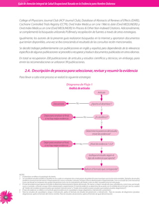 Guia de Atención Integral Basada en la Evidencia para Hombro para Hombro Doloroso	
          Guía de Atención Integral de Salud Ocupacional Basada en la Evidencia
Doloroso	



           College	of	Physicians	Journal	Club	(ACP	Journal	Club),	Database	of	Abstracts	of	Reviews	of	Effects	(DARE),	
           Cochrane	Controlled	Trials	Registry	(CCTR),	Ovid	Index	Medicus	on	Line	1966	to	date	(Ovid	MEDLINE(R))	y	
           Ovid	Index	Medicus	on	Line	(Ovid	MEDLINE(R))	In-Process		Other	Non-Indexed	Citations.	Adicionalmente,	
           se	complementó	la	búsqueda	utilizando	PUBmed	y	recopilación	de	fuentes	a	través	de	otras	estrategias.	

           Igualmente,	los	autores	de	la	presente	guía	realizaron	búsquedas	en	la	Internet	y	aportaron	documentos	
           que	tenían	disponibles,	una	vez	se	iba	conociendo	el	resultado	de	las	consultas	recién	mencionadas.	

           Se	decidió	trabajar	preferentemente	con	publicaciones	en	inglés	y	español,	pero	dependiendo	de	la	relevancia	
           específica	de	algunas	publicaciones	se	procedió	a	recuperar	y	traducir	documentos	publicados	en	otros	idiomas.	

           En	total	se	recuperaron	200	publicaciones	de	artículos	y	estudios	científicos	y	técnicos;	sin	embargo,	para	
           emitir	las	recomendaciones	se	utilizaron	99	publicaciones.

                   2.4. Descripción de proceso para seleccionar, revisar y resumir la evidencia
           Para	llevar	a	cabo	este	proceso	se	realizó	la	siguiente	estrategia:

                                                                                   Diagrama de Flujo 1
                                                                                        Análisis de artículos
                                                                                                                                    Artículo



                                                               Descartarlo                         No                     ¿Aporta	al	desenlace1?

                                                                                                                                         Sí

                                                 Dejar	para	analizar	al	final,	
                                                                                                              No                ¿Es	analítico2?
                                                  si	no	hay	mejor	evidencia
                                                                                                                                         Sí


                                                                                                                  Determine	la	potencia	del	estudio		
                                                                                                                        (nivel	de	evidencia)3


                                                Dejar	para	analizar	al	final,	
                                                                                                        No              ¿Nivel	de	evidencia	1	ó	2?
                                                 si	no	hay	mejor	evidencia
                                                                                                                                         Sí

                                                                                                                       lasifique	el	estudio	según	el	
                                                                                                                     tipo	de	evidencia	que	aporta4



                                                                                                               Aplicar	el	formato	que	corresponda5

           NOTAS
           1	 El	desenlace	se	refiere	a	la	patología	de	interés.
           2	 Se	consideran	estudios	analíticos	aquellos	en	los	cuales	se	comparan	dos	o	más	grupos	de	población	para	investigar	asociación	entre	variables.	Ejemplos	de	estudios	
              analíticos	(se	enuncian	de	menor	a	mayor	potencia):	casos	y	controles,	cohortes,	ensayos	clínicos	aleatorizados	o	experimentales.	Si	en	un	estudio	de	corte	transversal	
              (cross sectional)	se	comparan	dos	grupos	de	personas	(uno	con	la	característica	de	interés	y	otro	sin	ella),	se	puede	incluir	en	este	grupo.
           3	 El	nivel	de	evidencia	que	aporta	el	estudio	lo	determina	básicamente	el	diseño	del	estudio.	De	menor	a	mayor:	estudio	de	casos,	prevalencia,	corte	(cross sectional),	
              casos	y	controles,	cohortes,	ensayo	clínico	aleatorizado	o	experimental.	El	nivel	de	evidencia	se	determina	de	acuerdo	con	lo	establecido	en	la	Guía.	(ver	los	cuadros	
              de	“niveles	de	la	evidencia	para	estudios	que	evalúan	intervenciones”	y	“niveles	de	la	evidencia	para	estudios	que	evalúan	pruebas	diagnósticas”).
           4	 El	tipo	de	evidencia:	se	refiere	a	si	el	artículo	aporta	evidencia	en	causalidad	o	riesgo,	diagnóstico,	intervención	o	pronóstico.
           5	 Para	 los	 estudios	 de	 causalidad	 o	 riesgo	 e	 intervención,	 aplica	 el	 formato	 de	 estudios	 de	 prevención	 o	 intervención.	 	 Para	 los	 estudios	 de	 diagnóstico	 (pruebas	
              diagnósticas),	aplica	el	formato	del	mismo	nombre.	Para	los	estudios	de	pronóstico,	aplica	el	formato	de	igual	denominación.

 