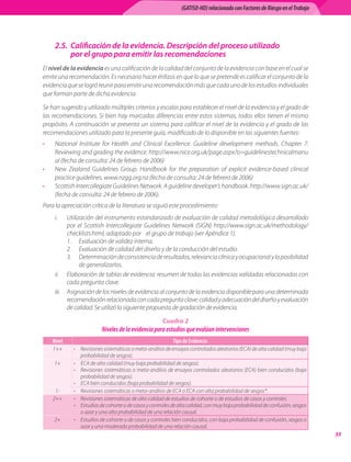 (GATISO-HD) relacionado con Factores de Riesgo en el Trabajo




     2.5. Calificación de la evidencia. Descripción del proceso utilizado
          por el grupo para emitir las recomendaciones
El	nivel de la evidencia	es	una	calificación	de	la	calidad	del	conjunto	de	la	evidencia	con	base	en	el	cual	se	
emite	una	recomendación.	Es	necesario	hacer	énfasis	en	que	lo	que	se	pretende	es	calificar	el	conjunto	de	la	
evidencia	que	se	logró	reunir	para	emitir	una	recomendación	más	que	cada	uno	de	los	estudios	individuales	
que	forman	parte	de	dicha	evidencia.

Se	han	sugerido	y	utilizado	múltiples	criterios	y	escalas	para	establecer	el	nivel	de	la	evidencia	y	el	grado	de	
las	recomendaciones.	Si	bien	hay	marcadas	diferencias	entre	estos	sistemas,	todos	ellos	tienen	el	mismo	
propósito.	A	continuación	se	presenta	un	sistema	para	calificar	el	nivel	de	la	evidencia	y	el	grado	de	las	
recomendaciones	utilizado	para	la	presente	guía,	modificado	de	lo	disponible	en	las	siguientes	fuentes:
•    National	 Institute	 for	 Health	 and	 Clinical	 Excellence.	 Guideline	 development	 methods.	 Chapter	 7:	
     Reviewing	and	grading	the	evidence.	http://www.nice.org.uk/page.aspx?o=guidelinestechnicalmanu
     al	(fecha	de	consulta:	24	de	febrero	de	2006)
•    New	 Zealand	 Guidelines	 Group.	 Handbook	 for	 the	 preparation	 of	 explicit	 evidence-based	 clinical	
     practice	guidelines.	www.nzgg.org.nz	(fecha	de	consulta:	24	de	febrero	de	2006)
•    Scottish	Intercollegiate	Guidelines	Network.	A	guideline	developer’s	handbook.	http://www.sign.ac.uk/	
     (fecha	de	consulta:	24	de	febrero	de	2006).
Para	la	apreciación	crítica	de	la	literatura	se	siguió	este	procedimiento:
     i.	   Utilización	del	instrumento	estandarizado	de	evaluación	de	calidad	metodológica	desarrollado	
           por	 el	 Scottish	 Intercollegiate	 Guidelines	 Network	 (SIGN)	 http://www.sign.ac.uk/methodology/
           checklists.html,	adaptado	por				el	grupo	de	trabajo	(ver	Apéndice	1).
           1.	 Evaluación	de	validez	interna.
           2.	 Evaluación	de	calidad	del	diseño	y	de	la	conducción	del	estudio.
           3.	 Determinación	de	consistencia	de	resultados,	relevancia	clínica	y	ocupacional	y	la	posibilidad	
                 de	generalizarlos.
     ii.	 Elaboración	de	tablas	de	evidencia:	resumen	de	todas	las	evidencias	validadas	relacionadas	con	
           cada	pregunta	clave.
     iii.	 Asignación	de	los	niveles	de	evidencia	al	conjunto	de	la	evidencia	disponible	para	una	determinada	
           recomendación	relacionada	con	cada	pregunta	clave:	calidad	y	adecuación	del	diseño	y	evaluación	
           de	calidad.	Se	utilizó	la	siguiente	propuesta	de	gradación	de	evidencia.	

                                                       Cuadro 2
                           Niveles de la evidencia para estudios que evalúan intervenciones
    Nivel                                                    Tipo de Evidencia
    1++      •   Revisiones	sistemáticas	o	meta-análisis	de	ensayos	controlados	aleatorios	(ECA)	de	alta	calidad	(muy	baja	
                 probabilidad	de	sesgos).
    1+       •   ECA	de	alta	calidad	(muy	baja	probabilidad	de	sesgos).
             •   Revisiones	sistemáticas	o	meta-análisis	de	ensayos	controlados	aleatorios	(ECA)	bien	conducidos	(baja	
                 probabilidad	de	sesgos).
             •   ECA	bien	conducidos	(baja	probabilidad	de	sesgos).
     1-      •   Revisiones	sistemáticas	o	meta-análisis	de	ECA	o	ECA	con	alta	probabilidad	de	sesgos*.
    2++      •   Revisiones	sistemáticas	de	alta	calidad	de	estudios	de	cohorte	o	de	estudios	de	casos	y	controles.
             •   Estudios	de	cohorte	o	de	casos	y	controles	de	alta	calidad,	con	muy	baja	probabilidad	de	confusión,	sesgos	
                 o	azar	y	una	alta	probabilidad	de	una	relación	causal.
    2+       •   Estudios	de	cohorte	o	de	casos	y	controles	bien	conducidos,	con	baja	probabilidad	de	confusión,	sesgos	o	
                 azar	y	una	moderada	probabilidad	de	una	relación	causal.
                                                                                                                               
 
