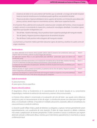 (GATISO-HD) relacionado con Factores de Riesgo en el Trabajo




  •     Existencia	de	dolor	en	la	cara	anterior	del	hombro	que	se	extiende		a	lo	largo	del	tendón	bicipital	
        hasta	la	inserción	tendinosa	en	el	antebrazo	puede	significar	una	tendinitis	bicipital.
  •     Presencia	de	dolor	e	hipersensibilidad	en	tercio	superior	de	hombro	con	limitación	para	abducción	
        pasiva	y	activa,	siendo	mayor	en	movimientos	activos,		debe	hacer	sospechar	bursitis.
  En	el	examen	físico,	además	de	la	evaluación	osteomuscular	completa	del	hombro,	cintura	escapular	
  y	región	cervical,	se	recomienda	la	inspección	y	evaluación	neurológica	detallada.	Se	evalúan	signos	
  específicos	que	ayudan	al	diagnóstico,	así:
  •    Test	de	Neer,		Hawkins-Kennedy	y	Yocum	positivos	hacen	sospechar	patología	del	manguito	rotador.
  •    Test	de	Speed	y	Yergason	positivos	diagnostican	de	tendinitis	bicipital.
  •    Test	del	Brazo	Caído	positivo	indica	desgarro	del	manguito	rotador.
  La	anamnesis	y	el	examen	médico	permiten	descartar	signos	de	alarma	y	clasificar	el	cuadro	como	de	
  origen	mecánico.

Nivel de evidencia
Los	 datos	 obtenidos	 de	 la	 historia	 clínica	 pueden	 alertar	 sobre	 la	 presencia	 de	 condiciones	 serias	 que	   Nivel	4
originen	dolor	de	hombro	y	afecten	la	salud	integral	del	individuo.
Un	 adecuado	 examen	 físico	 es	 una	 oportunidad	 para	 identificar	 	 potenciales	 signos	 de	 alarma	 de	            Nivel	4
condiciones	serias.
La	evaluación	sistemática	de	hombro	con	la	realización	simultánea	de	los	Test	de	Neer,	Hawkins-Kennedy	                  Nivel	1+
y	Yocum	es	altamente	sensible	para	detectar	pinzamientos	subacromiales	de	hombro.
La	realización	de	la	Maniobra	de	Speed	para		identificar	tendinitis	bicipital	tiene	buena	sensibilidad,	pero	            Nivel	1+
muy	baja	especificidad.
Historia	de	dolor	en	región	anterior	de	hombro	y	la	presencia	de	los	Test	de	Speed	y	Yergason	positivos	                 Nivel	4
indican	diagnóstico	de	tendinitis	bicipital.
La	presencia	de	desgarros	o	rupturas	del	tendón	del	manguito	rotador	se	sospecha	si	encuentra	debilidad	                 Nivel	4
aplicando	resistencia	en	uno	o	más	de	los	músculos	que	lo	componen.	

Grado de recomendación
C:	para	anamnesis.
A:	para	signos	clínicos	específicos.

Resumen crítico de la evidencia
El	 diagnóstico	 clínico	 se	 fundamenta	 en	 la	 caracterización	 de	 la	 lesión	 basada	 en	 su	 conocimiento	
fisiopatológico,	mediante	la	realización	de	anamnesis	y	examen	clínico	estructurados.	

La	historia	clínica	deberá	ir	encaminada	a	la	evaluación	del	sitio	del	dolor		que	ayuda	como	referencia	
anatómica,	pero	no	necesariamente	al	sitio	de	origen.	La	distribución	provee	una	clave	para	el	origen	del	
dolor,	si	es	localizado	o	referido.	Si	hay	dolor	en	múltiples	ubicaciones	corporales,	debe	ser	considerada	una	
causa	extrínseca	o	condición	sistémica.

La	duración	puede	reflejar	el	tipo	y	grado	de	deterioro.	Los	desgarros	y	rupturas	menores	generalmente	sanan	
espontáneamente	 y	 son	 usualmente	 de	 corta	 duración.	 El	 dolor	 de	 mayor	 duración	 es	 debido	 a	 deterioro	
más	severo	o	perpetuación	de	factores	precipitantes.	El	dolor	constante	se	asocia	a	condiciones	que	originan	
distensión	articular	o	inflamación	difusa,	mientras	que	el	intermitente,	especialmente	en	movimiento,	se	asocia	
a	inflamación	local.	
                                                                                                                                      
 