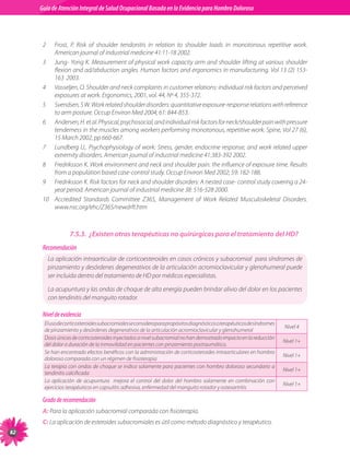 Guia de Atención Integral Basada en la Evidencia para Hombro para Hombro Doloroso	
          Guía de Atención Integral de Salud Ocupacional Basada en la Evidencia
Doloroso	



           2	  Frost,	 P.	 Risk	 of	 shoulder	 tendonitis	 in	 relation	 to	 shoulder	 loads	 in	 monotonous	 repetitive	 work.	
               American	journal	of	industrial	medicine	41:11-18	2002.
           3	 Jung-	Yong	K.	Measurement	of	physical	work	capacity	arm	and	shoulder	lifting	at	various	shoulder	
               flexion	and	ad/abduction	angles.	Human	factors	and	ergonomics	in	manufacturing.	Vol	13	(2)	153-
               163		2003.
           4	 Vasseljen,	O.	Shoulder	and	neck	complaints	in	customer	relations:	individual	risk	factors	and	perceived	
               exposures	at	work.	Ergonomics,	2001,	vol.	44,	Nº	4,	355-372.
           5	 Svendsen,	S	W.	Work	related	shoulder	disorders:	quantitative	exposure-response	relations	with	reference	
               to	arm	posture.	Occup	Environ	Med	2004;	61:	844-853.
           6	 Andersen,	H.	et	al.	Physical,	psychosocial,	and	individual	risk	factors	for	neck/shoulder	pain	with	pressure	
               tenderness	in	the	muscles	among	workers	performing	monotonous,	repetitive	work.	Spine,	Vol	27	(6),	
               15	March	2002,	pp	660-667.
           7	 Lundberg	U,.	Psychophysiology	of	work:	Stress,	gender,	endocrine	response,	and	work	related	upper	
               extremity	disorders.	American	journal	of	industrial	medicine	41:383-392	2002.
           8	 Fredriksson	K.	Work	environment	and	neck	and	shoulder	pain:	the	influence	of	exposure	time.	Results	
               from	a	population	based	case-control	study.	Occup	Environ	Med	2002;	59:	182-188.
           9	 Fredriksson	K.	Risk	factors	for	neck	and	shoulder	disorders:	A	nested	case-	control	study	covering	a	24-
               year	period.	American	journal	of	industrial	medicine	38:	516-528	2000.	
           10	 Accredited	 Standards	 Committee	 Z365,	 Management	 of	 Work	 Related	 Musculoskeletal	 Disorders.	
               www.nsc.org/ehc/Z365/newdrft.htm



                        7.5.3. ¿Existen otras terapéuticas no quirúrgicas para el tratamiento del HD?
           Recomendación
                La	aplicación	intraarticular	de	corticoesteroides	en	casos	crónicos	y	subacromial		para	síndromes	de	
                pinzamiento	y	desórdenes	degenerativos	de	la	articulación	acromioclavicular	y	glenohumeral	puede	
                ser	incluida	dentro	del	tratamiento	de	HD	por	médicos	especialistas.

                La	acupuntura	y	las	ondas	de	choque	de	alta	energía	pueden	brindar	alivio	del	dolor	en	los	pacientes	
                con	tendinitis	del	manguito	rotador.

           Nivel de evidencia
           El	uso	de	corticosteroides	subacromiales	se	considera	para	propósitos	diagnósticos	o	terapéuticos	de	síndromes	
                                                                                                                              Nivel	4
           de	pinzamiento	y	desórdenes	degenerativos	de	la	articulación	acromioclavicular	y	glenohumeral
           Dosis	únicas	de	corticosteroides	inyectados	a	nivel	subacromial	no	han	demostrado	impacto	en	la	reducción	
                                                                                                                              Nivel	1+
           del	dolor	o	duración	de	la	inmovilidad	en	pacientes	con	pinzamiento	postraumático.
           Se	han	encontrado	efectos	benéficos	con	la	administración	de	corticosteroides	intraarticulares	en	hombro	
                                                                                                                              Nivel	1+
           doloroso	comparada	con	un	régimen	de	fisioterapia
           La	terapia	con	ondas	de	choque	se	indica	solamente	para	pacientes	con	hombro	doloroso	secundario	a	
                                                                                                                              Nivel	1+
           tendinitis	calcificada
           La	 aplicación	 de	 acupuntura	 	 mejora	 el	 control	 del	 dolor	 del	 hombro	 solamente	 en	 combinación	 con	
                                                                                                                              Nivel	1+
           ejercicios	terapéuticos	en	capsulitis	adhesiva,	enfermedad	del	manguito	rotador	y	osteoartritis

           Grado de recomendación
           A: Para	la	aplicación	subacromial	comparada	con	fisioterapia.
           C: La	aplicación	de	esteroides	subacromiales	es	útil	como	método	diagnóstico	y	terapéutico.

 