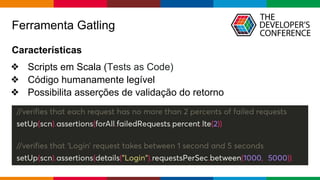 Globalcode – Open4education
Ferramenta Gatling
Características
❖ Scripts em Scala (Tests as Code)
❖ Código humanamente legível
❖ Possibilita asserções de validação do retorno
 