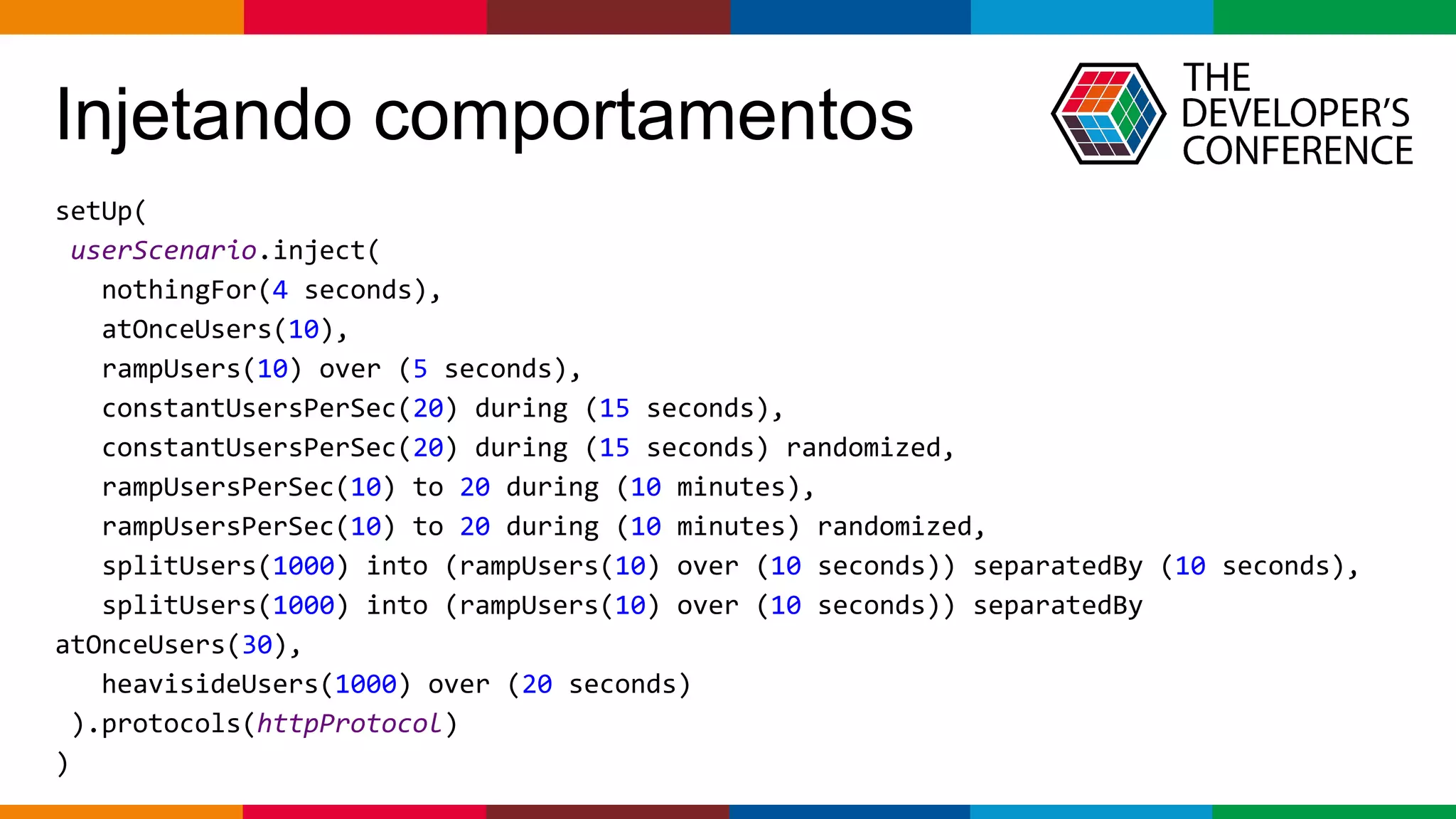 pen4education
Injetando comportamentos
setUp(
userScenario.inject(
nothingFor(4 seconds),
atOnceUsers(10),
rampUsers(10) over (5 seconds),
constantUsersPerSec(20) during (15 seconds),
constantUsersPerSec(20) during (15 seconds) randomized,
rampUsersPerSec(10) to 20 during (10 minutes),
rampUsersPerSec(10) to 20 during (10 minutes) randomized,
splitUsers(1000) into (rampUsers(10) over (10 seconds)) separatedBy (10 seconds),
splitUsers(1000) into (rampUsers(10) over (10 seconds)) separatedBy
atOnceUsers(30),
heavisideUsers(1000) over (20 seconds)
).protocols(httpProtocol)
)
 