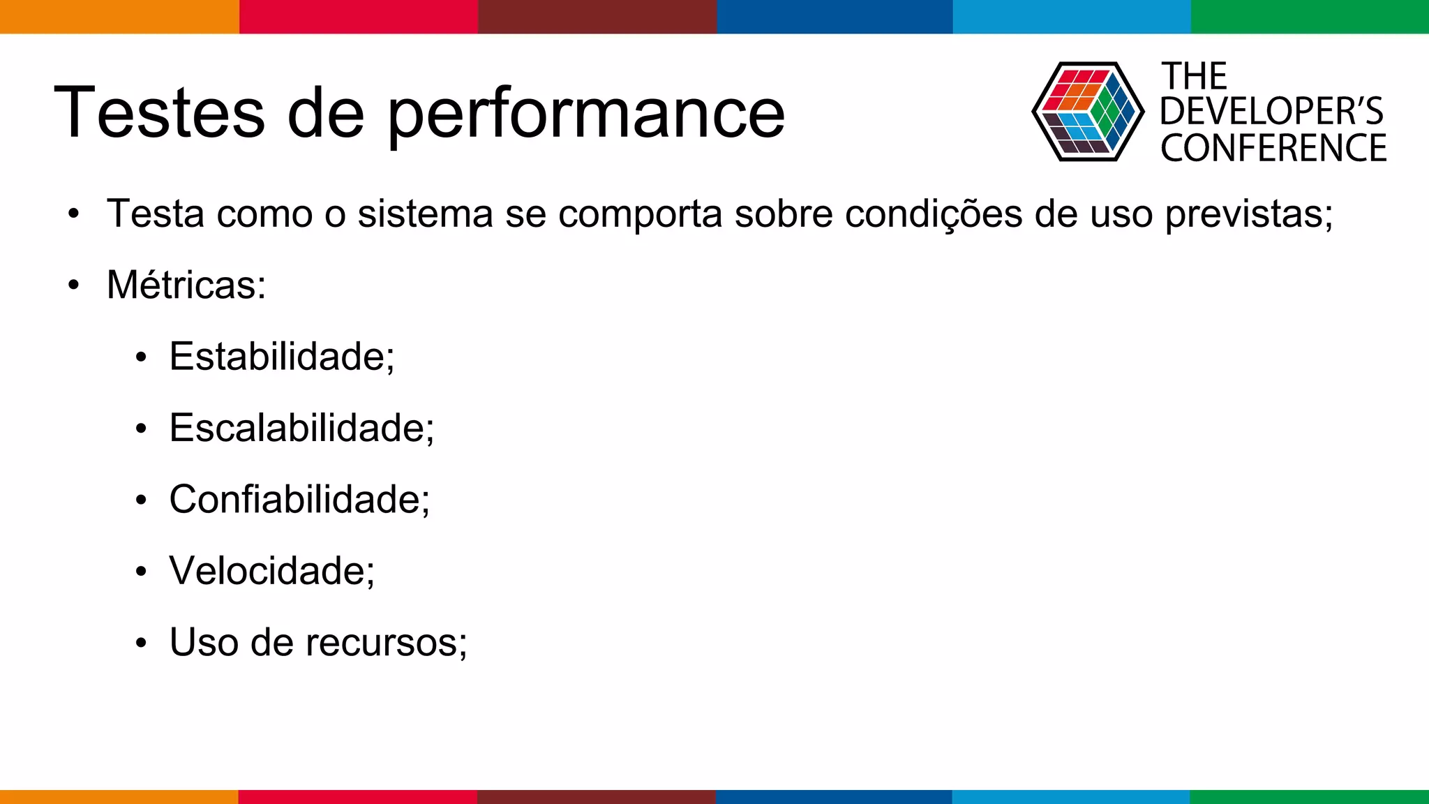 pen4education
Testes de performance
• Testa como o sistema se comporta sobre condições de uso previstas;
• Métricas:
• Estabilidade;
• Escalabilidade;
• Confiabilidade;
• Velocidade;
• Uso de recursos;
 