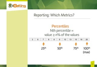 Reporting: Which Metrics?
23
Percentiles
Nth percentile =
value ≥ n% of the values
25th 50th 75th 100th
(max)
3 6 7 8 8 9 10 13 15 16 20
 