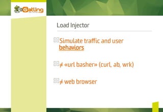 Load Injector
Simulate traﬀic and user
behaviors
 ≠ «  url basher» (curl, ab, wrk)
 ≠ web browser
 